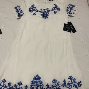 Lulus Tale to Tell Blue and Ivory Embroidered Shift Dress